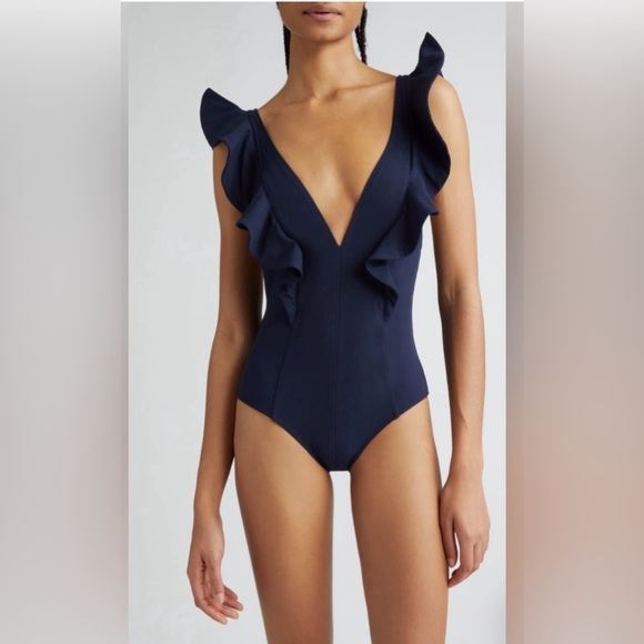 Ulla Johnson Evelina Ruffle Plunge One-Piece Swimsuit, Navy, Size Large, $380 - Picture 5 of 16